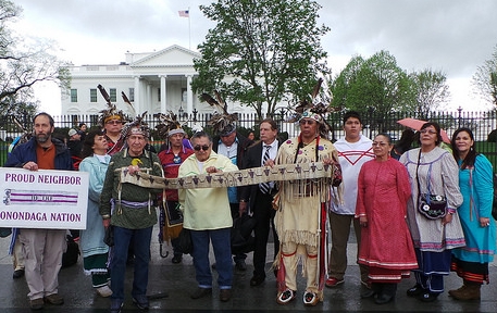 Onondaga Nation leaders bring the Canandaigua Treaty belt to the White House to remind the U.S. government of their obligations. Photo: Travis Shoff